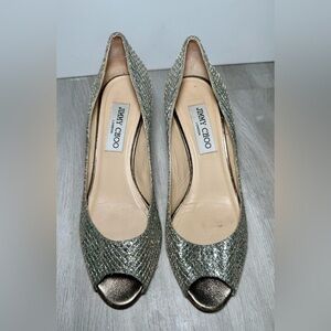 Jimmy Choo Gold/Silver Glitter Isabel Peep Toe Pumps Size 37 us 6.5